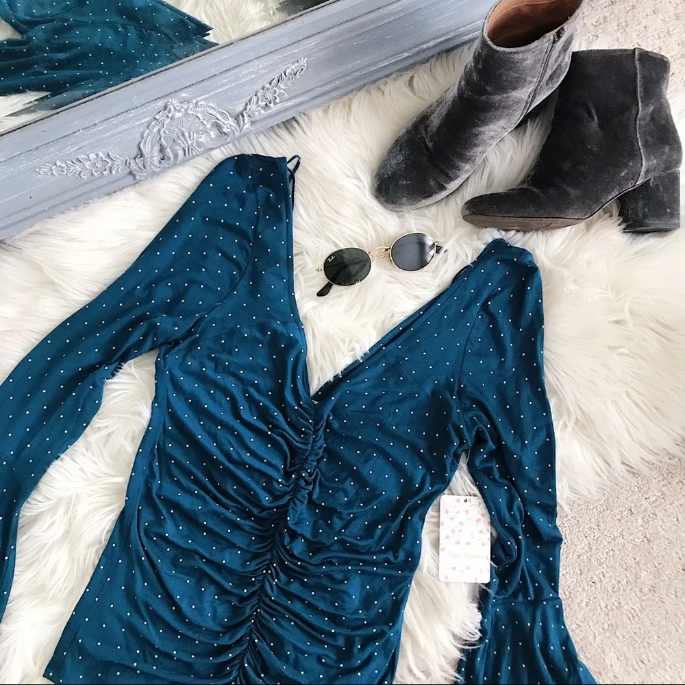 Free People Teal Polka Dot Ruched Bell Sleeve Top